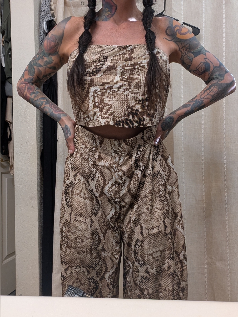 Suzanne Betro Snake-Print Wide-Leg Jumpsuit in Brown and Cream